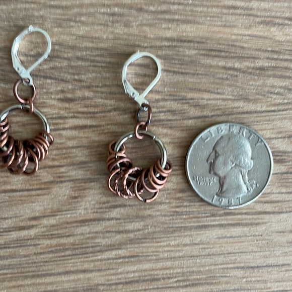 HAND CRAFTED HOOP EARRINGS MIXED METAL Copper Silvertone Pierced - Picture 4 of 12